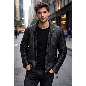 VTG 90s Motorcycle Jacket Men’s M Black Leather 
Vent Zip Rivet Tie Detail Biker